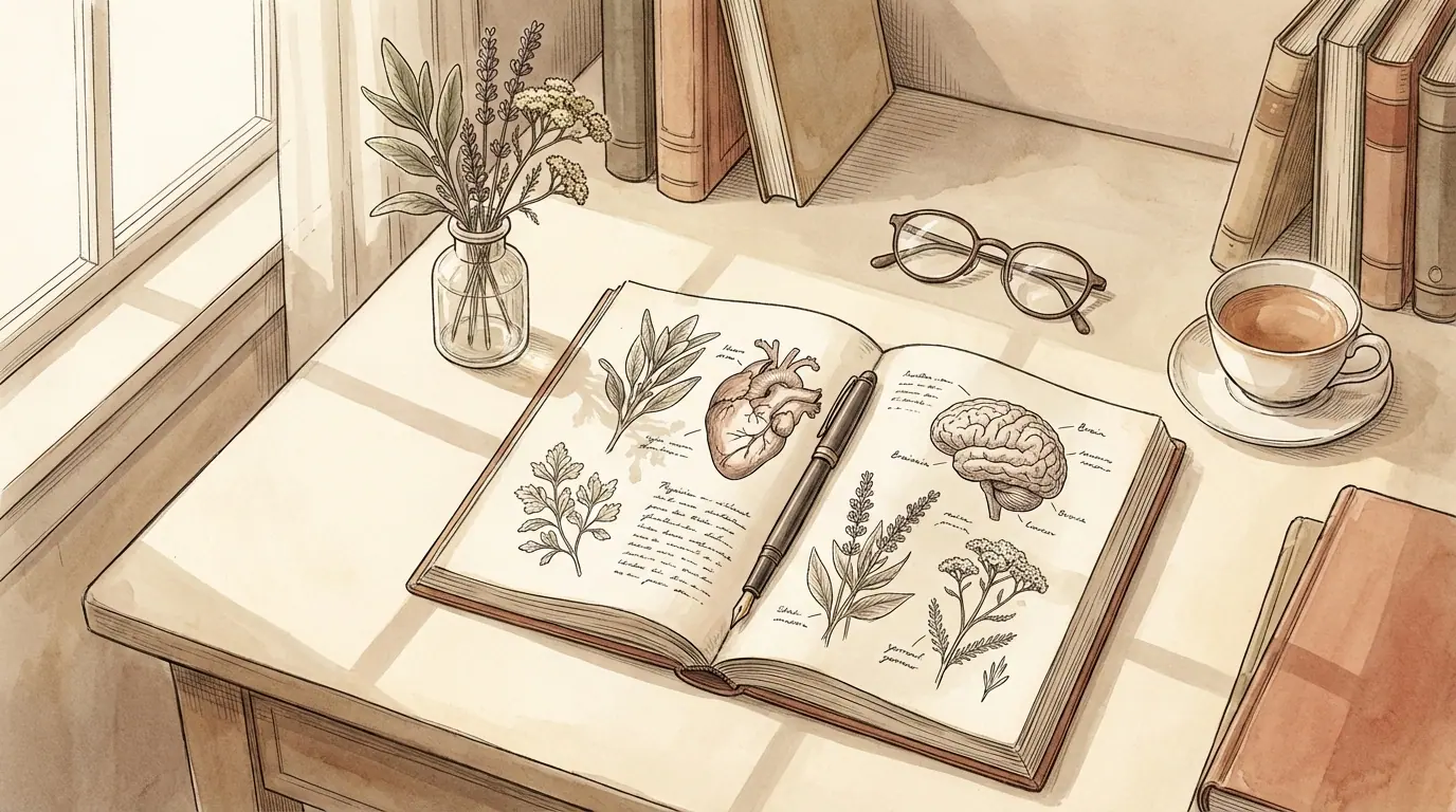 A physician's writing desk with an open journal, herbs, and warm light