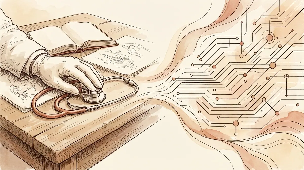A physician's hand with a pen meeting abstract geometric computation patterns