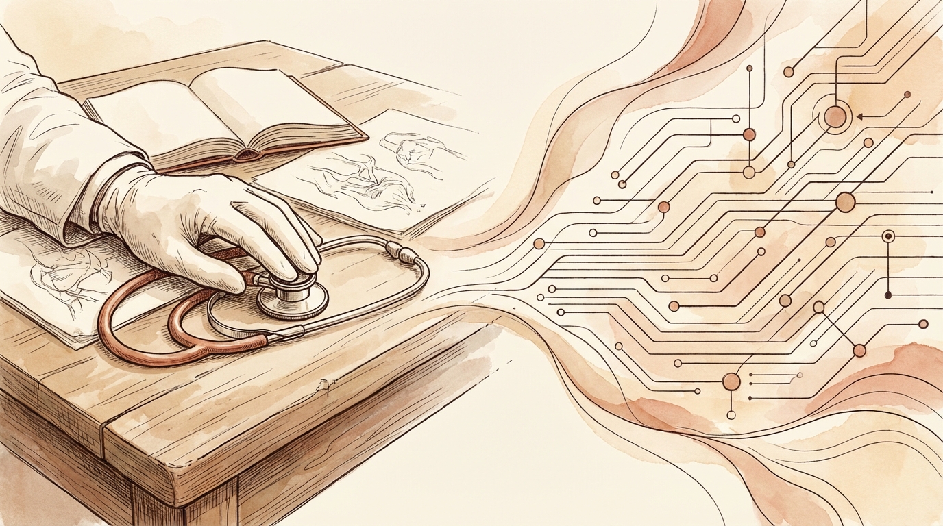 A physician's hand with a pen meeting abstract geometric computation patterns