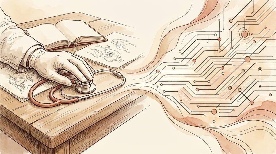 A physician's hand with a pen meeting abstract geometric computation patterns