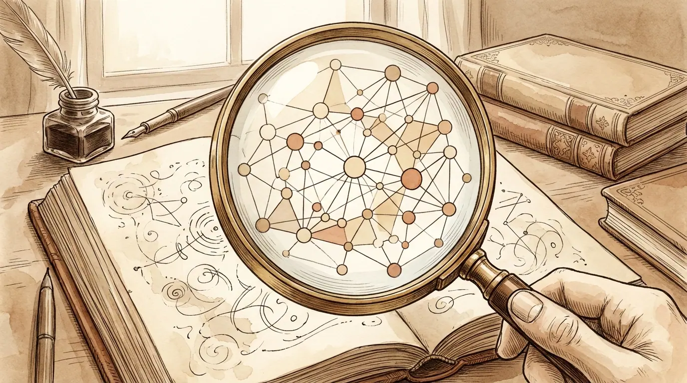 A magnifying glass held over an open book, revealing a network of connected points