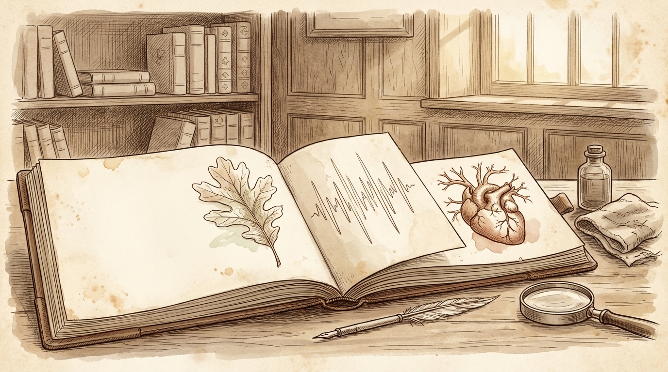 An open notebook with handwritten marginalia and small ink sketches