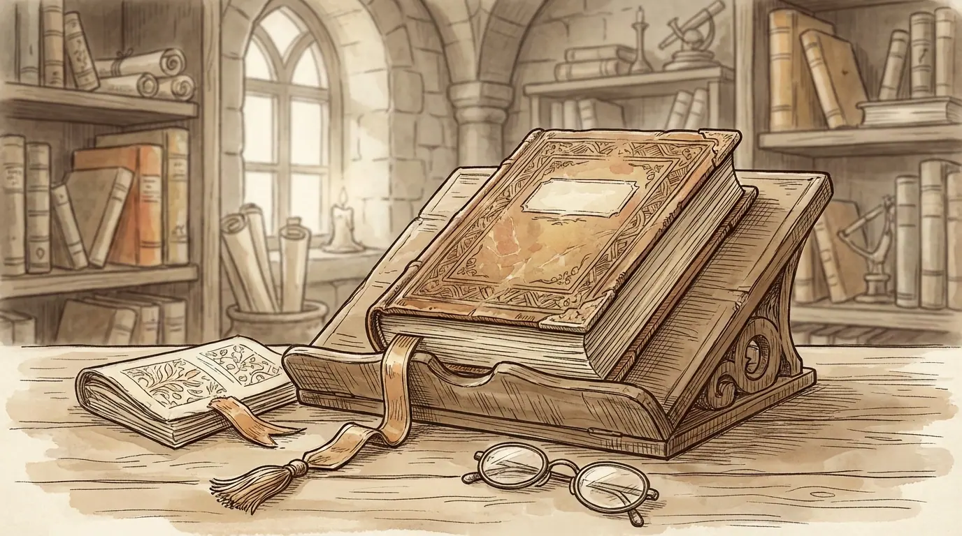 Illustration of old books on a reading stand, with an open volume and spectacles nearby