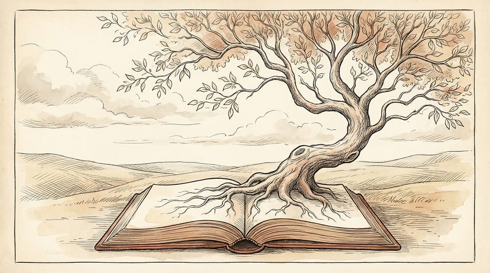 A tree growing from an open book, roots extending through the pages