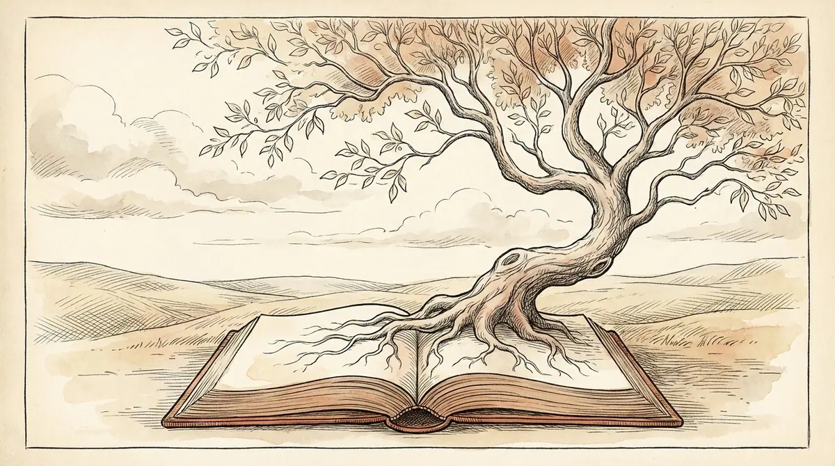 A tree growing from an open book, roots extending through the pages