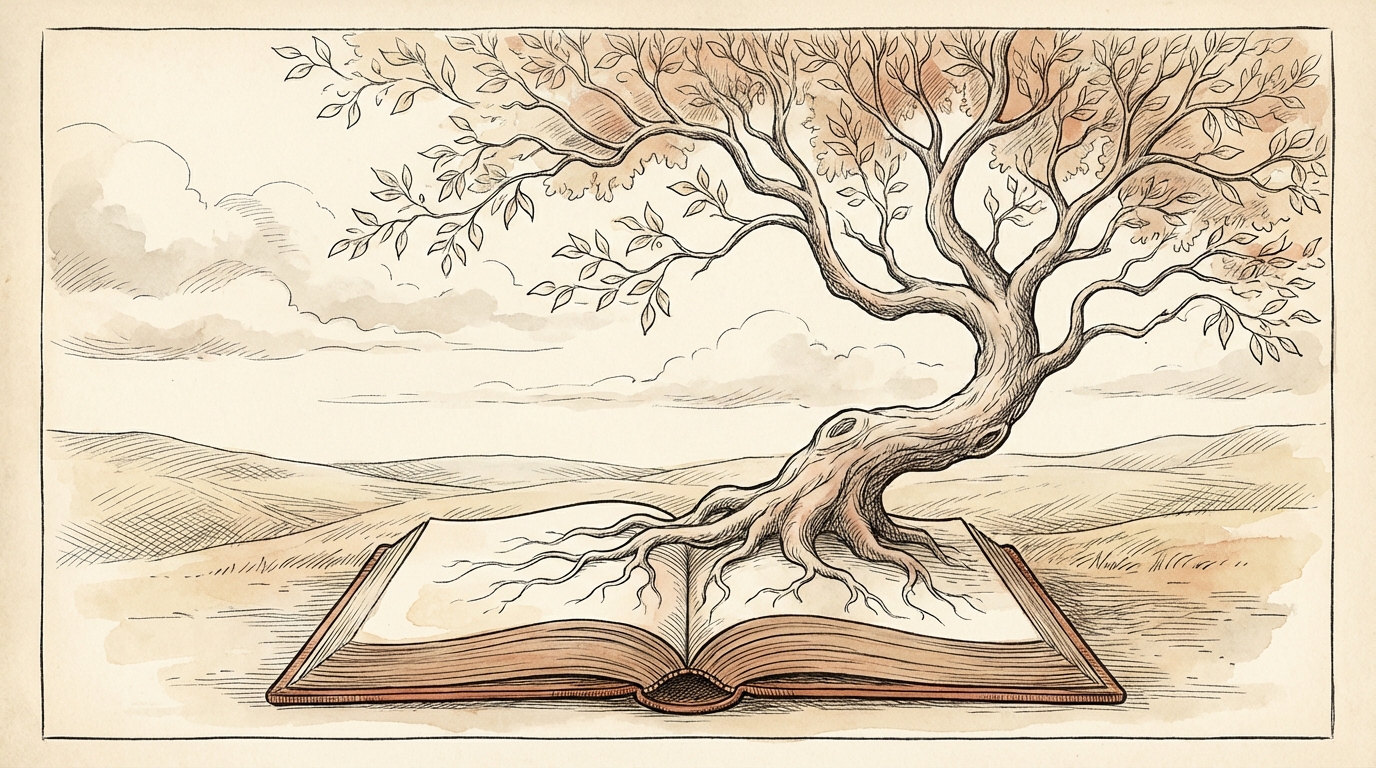 A tree growing from an open book, roots extending through the pages