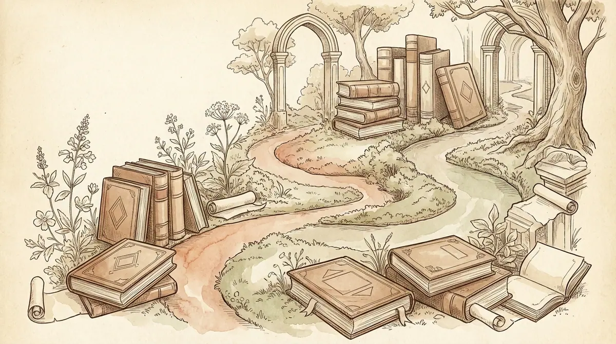 Winding paths through a garden of open books and botanical forms
