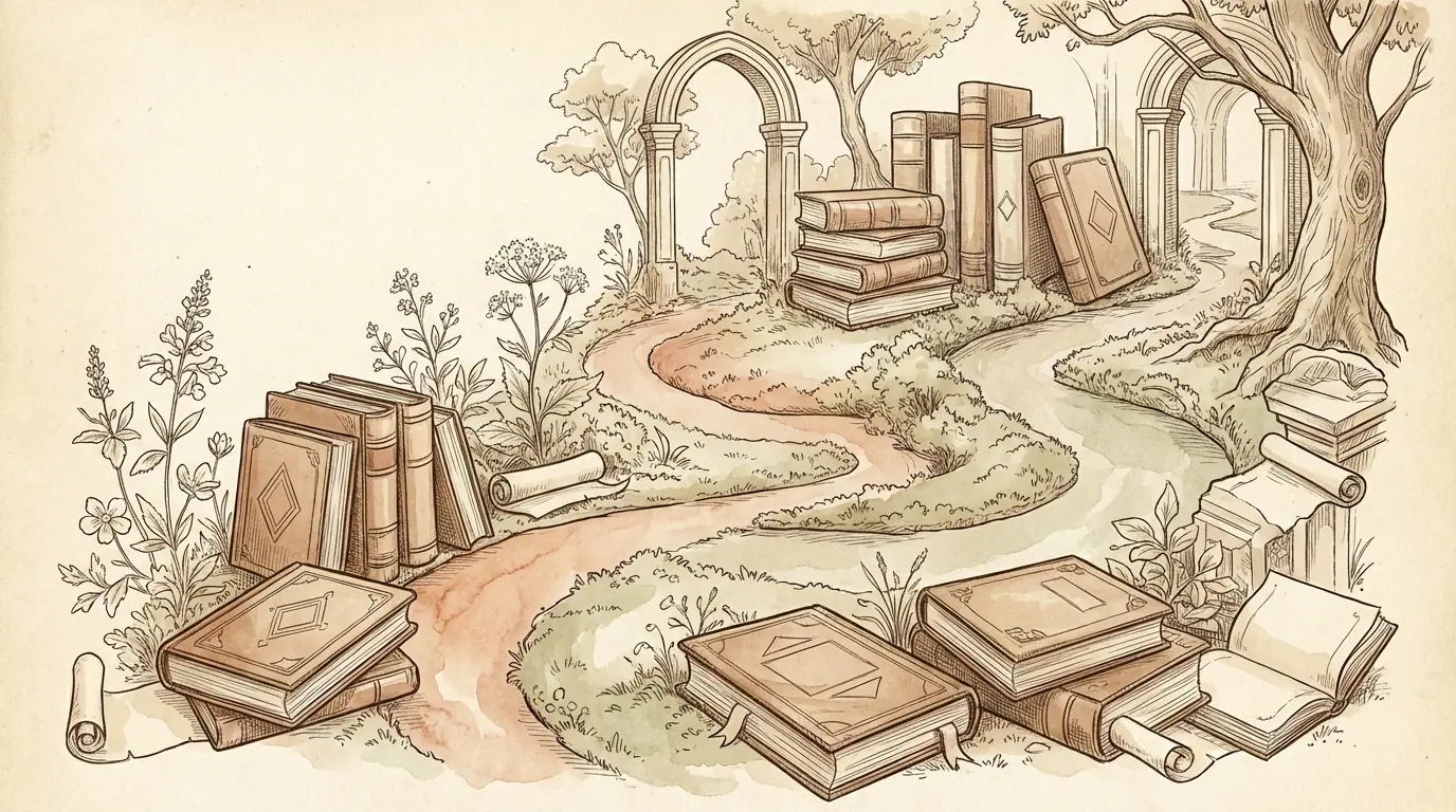 Illustration of paths winding between books, trees, and open doorways