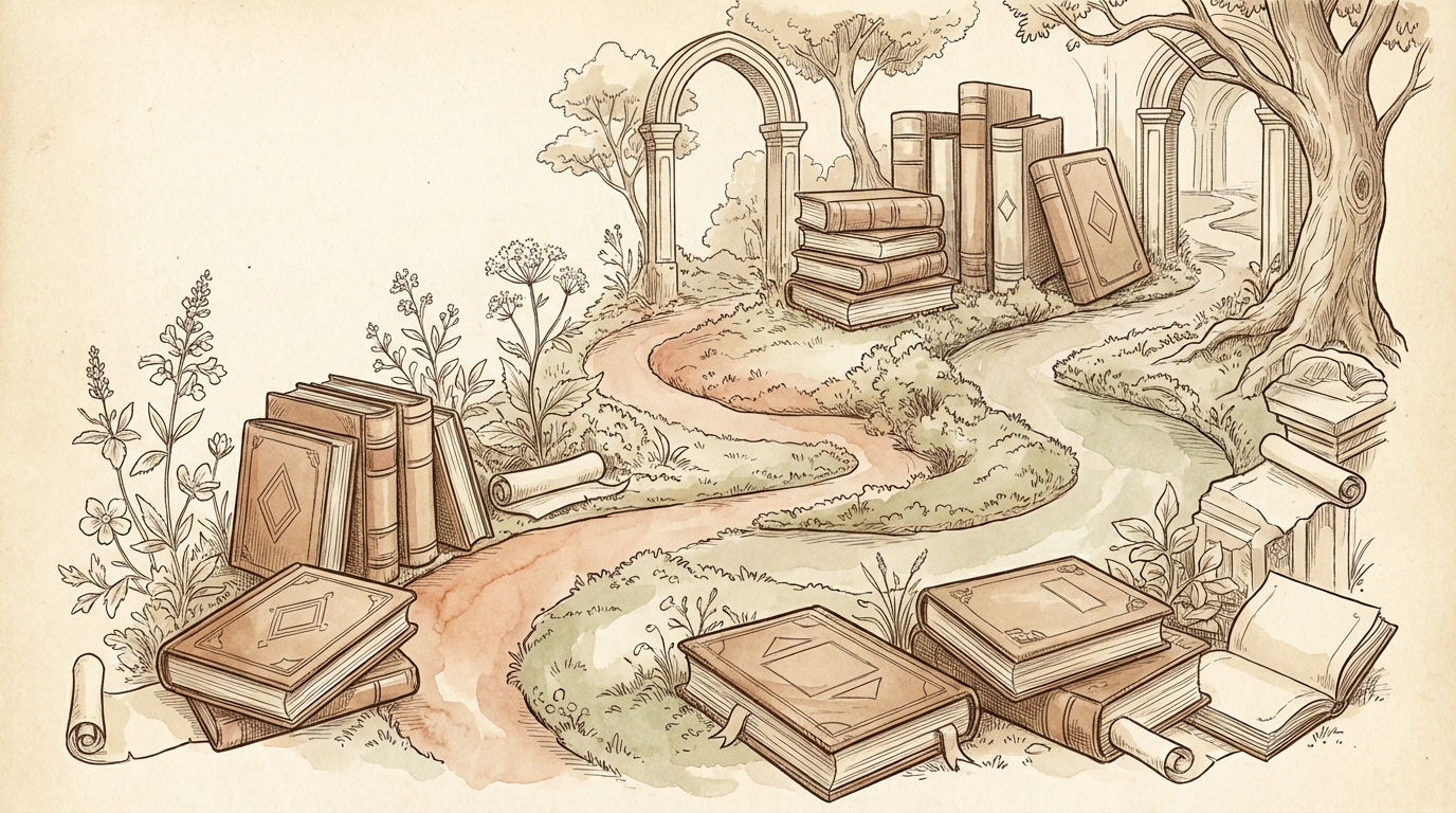 Winding paths through a garden of open books and botanical forms