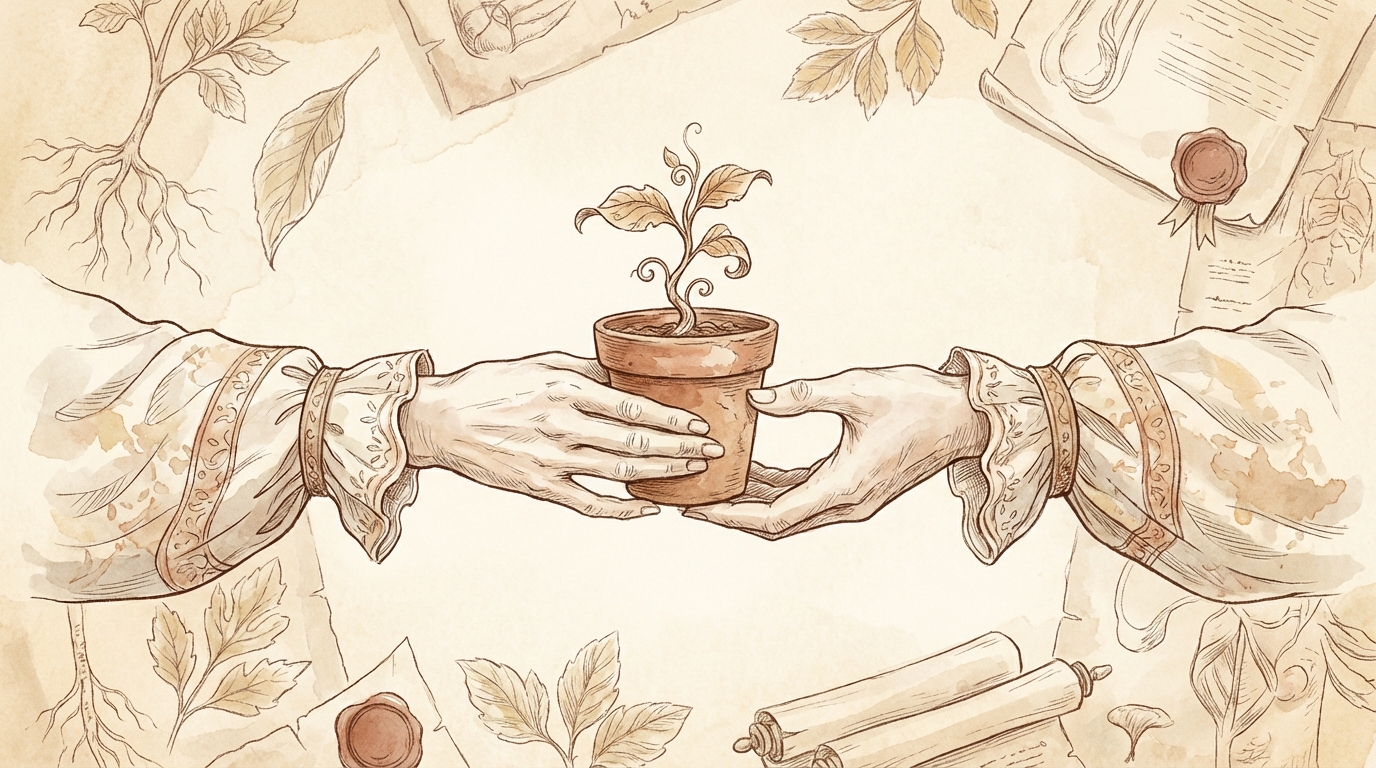 Two hands exchanging a small seedling in a terracotta pot