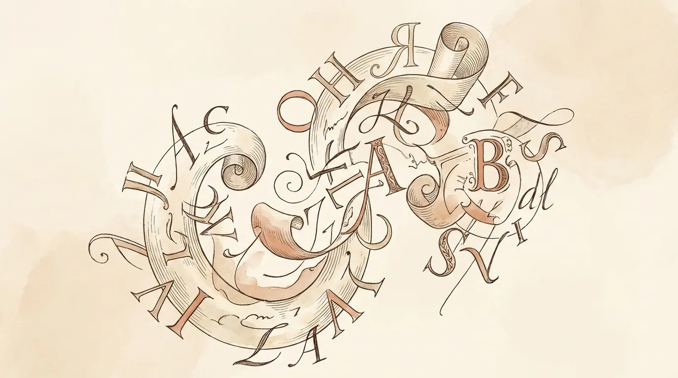 Ornamental letterforms scattered and curling across a page in the Visual Poetry Studio