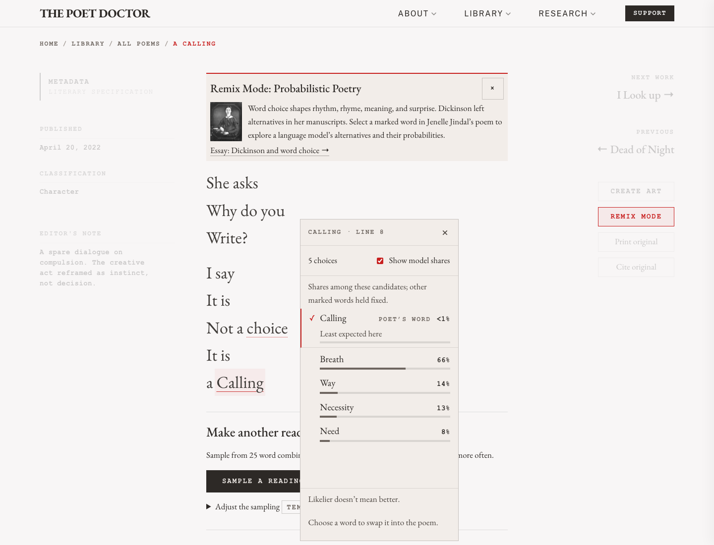 The actual alternate-word menu for Calling, with the poet’s word first, model shares beside the alternatives, and the reminder that likelier does not mean better.