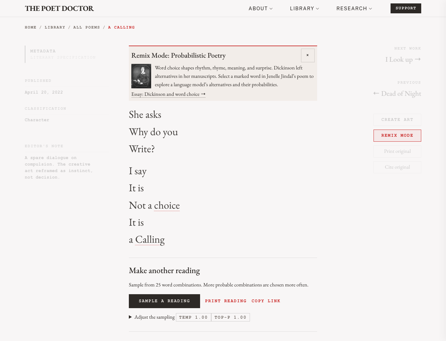 A Calling in Remix Mode, with its compact introduction in the title area, four persistent poem actions, and underlined words choice and Calling.